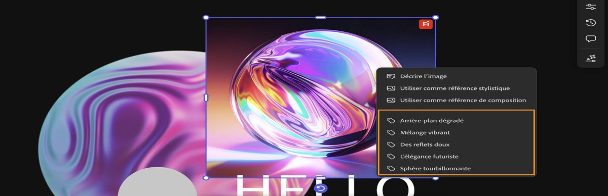 L’image dans la zone de travail est sélectionnée, et l’un des multiples sous-prompts est mis en évidence dans le menu contextuel.