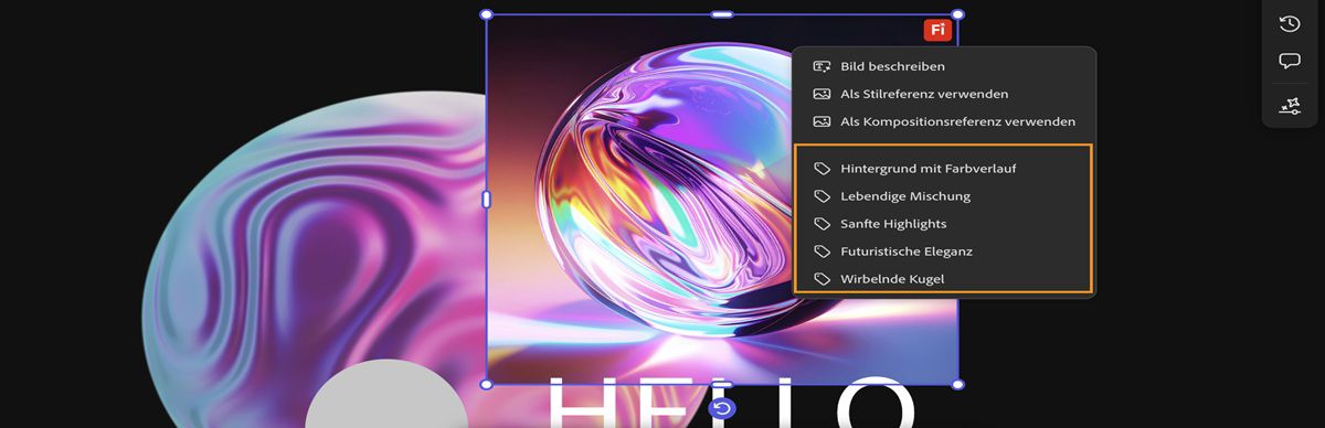 Das Bild auf der Arbeitsfläche ist ausgewählt; im Kontextmenü ist eine der Teil-Textbeschreibungen hervorgehoben.
