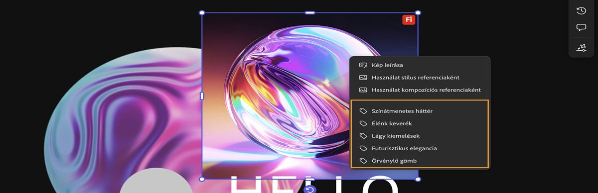 A vásznon lévő kép ki van jelölve, és a helyi menüben az egyik részutasítás ki van emelve.