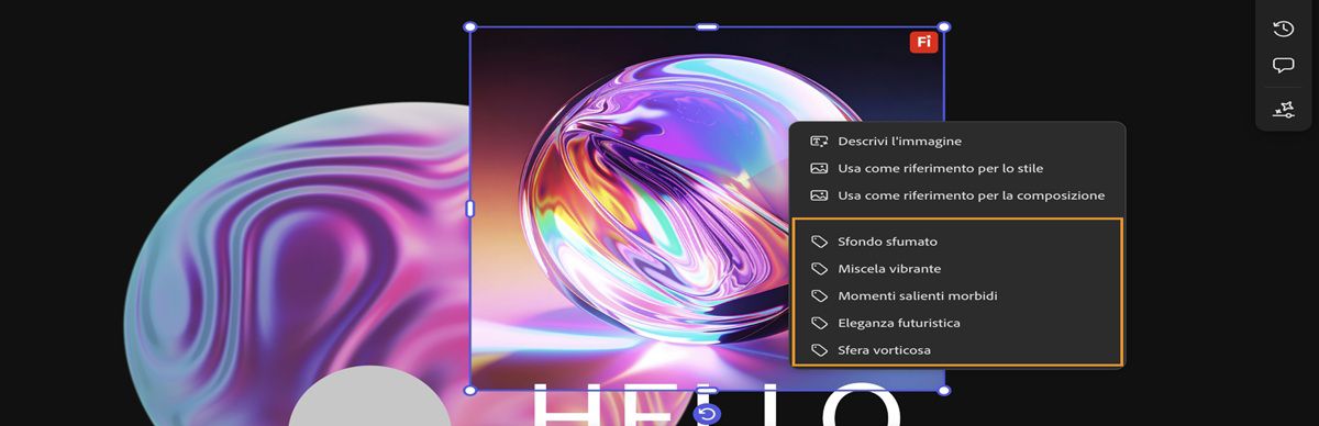 Nell'area di lavoro è selezionata l'immagine e nel menu di scelta rapida è evidenziato uno di vari sotto-prompt.