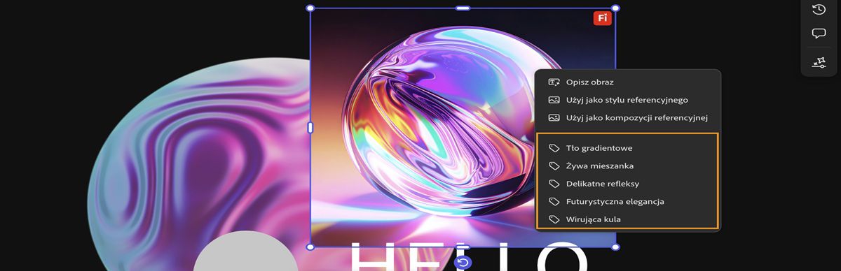 Zostanie wybrany obraz z obszaru roboczego, a w menu kontekstowym podświetlony zostanie jedno z wielu poleceń podrzędnych.