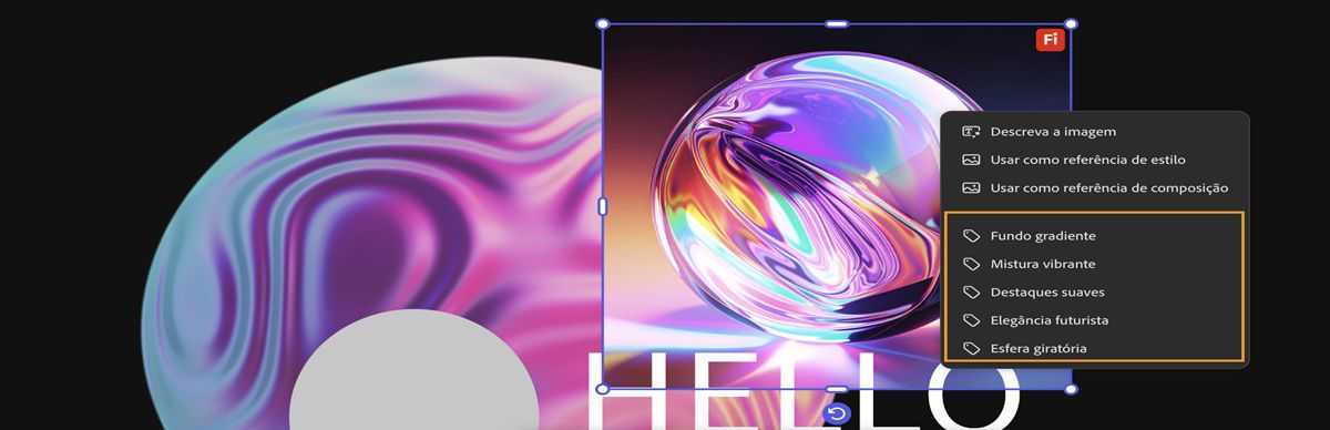 A imagem na tela de desenho é selecionada e, no menu de contexto, um dos vários subprompts está destacado.