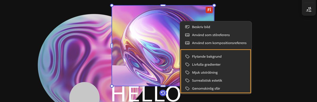 Bilden på arbetsytan markeras och på snabbmenyn markeras en av delbeskrivningarna.