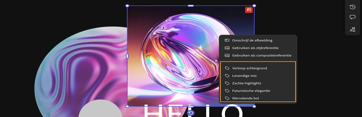 De afbeelding op het canvas wordt geselecteerd en in het contextmenu wordt een van de subopdrachten gemarkeerd.