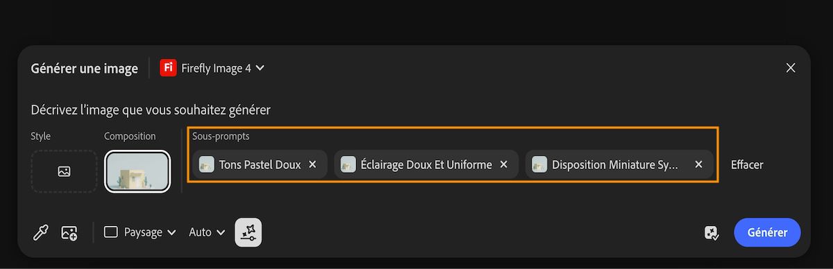Les sous-prompts générés automatiquement sont générés après l’utilisation de l’option Échantillonner depuis la zone de travail. Les sous-prompts sélectionnés sont ajoutés dans la barre de prompt.