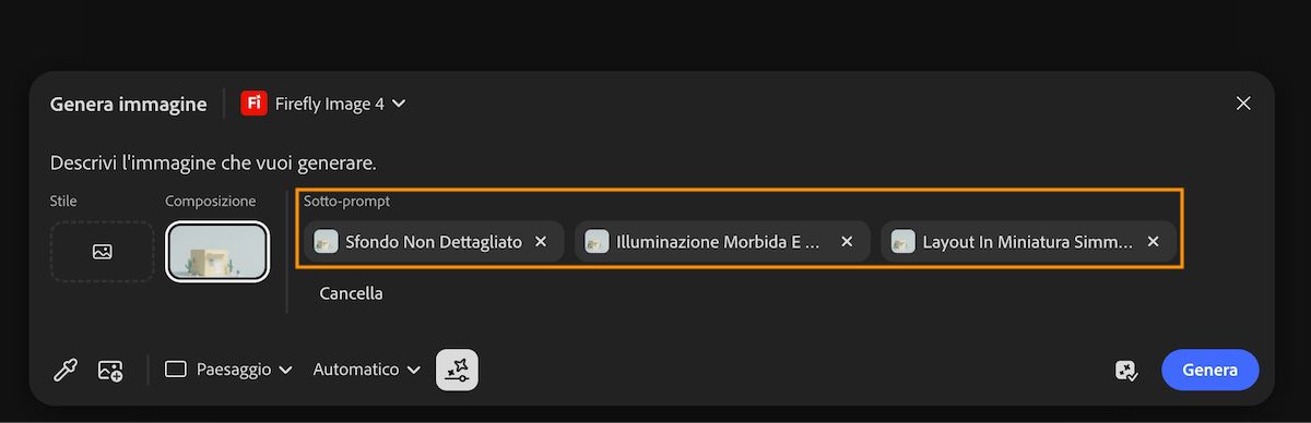 I sotto-prompt vengono generati automaticamente dopo aver utilizzato l'opzione Campiona dall'area di lavoro. I sotto-prompt selezionati vengono aggiunti nella barra del prompt.