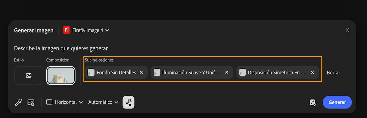 Las subindicaciones generadas automáticamente se generan después de utilizar la opción Tomar muestra del lienzo. Las subindicaciones seleccionadas se añaden a la barra de indicaciones.