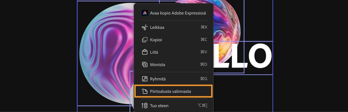 Kuvat ovat piirtoalueella valittuina, ja Piirtoalusta valinnasta -vaihtoehto on valittu.