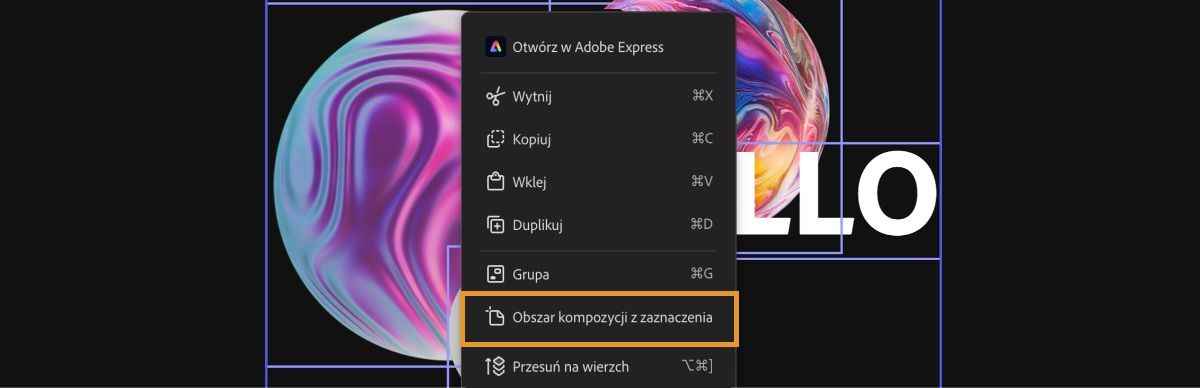 Obrazy są zaznaczane w obszarze roboczym i wybierana jest opcja utworzenia obszaru kompozycji.