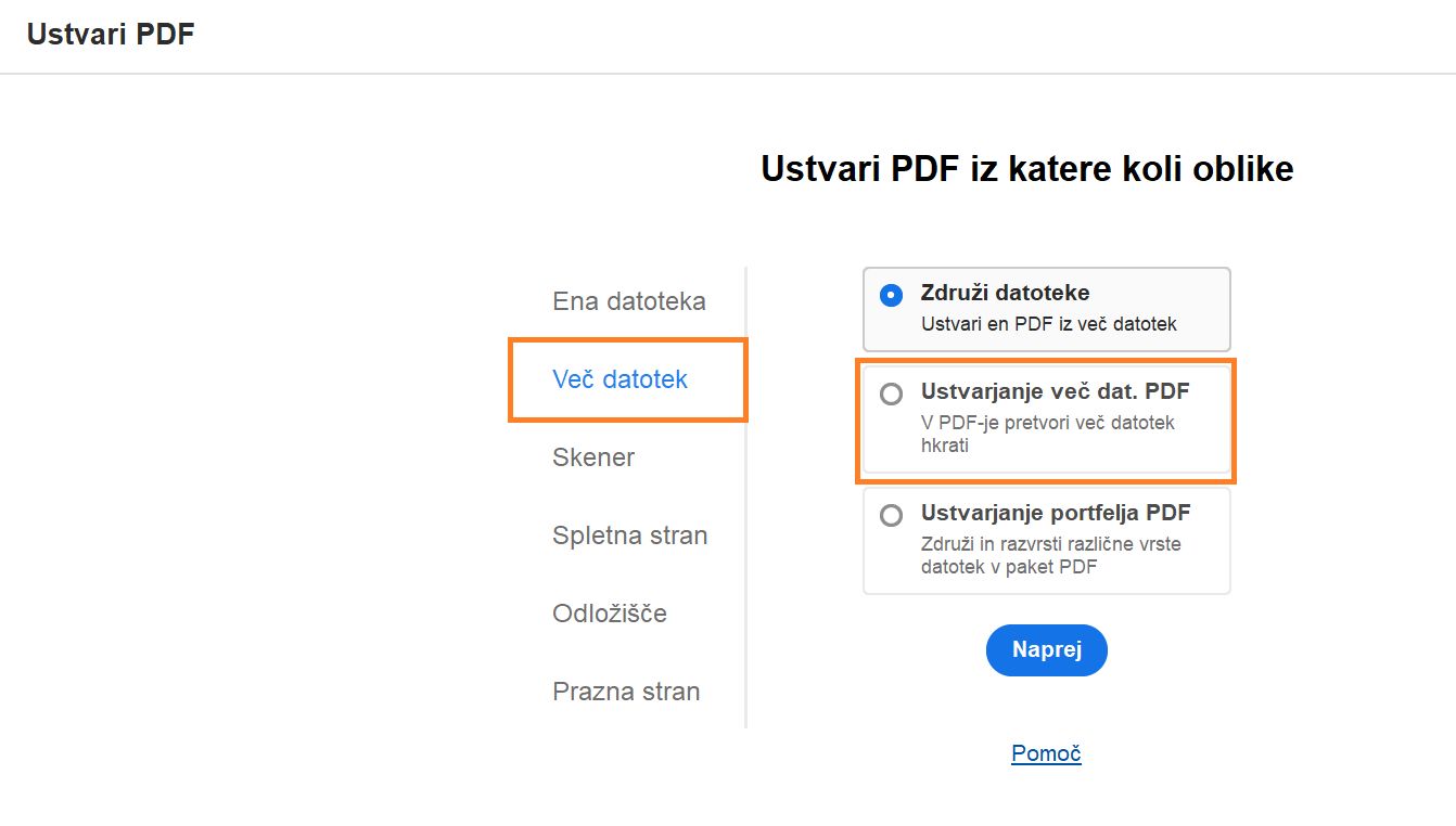 Ustvarjanje več dat. PDF