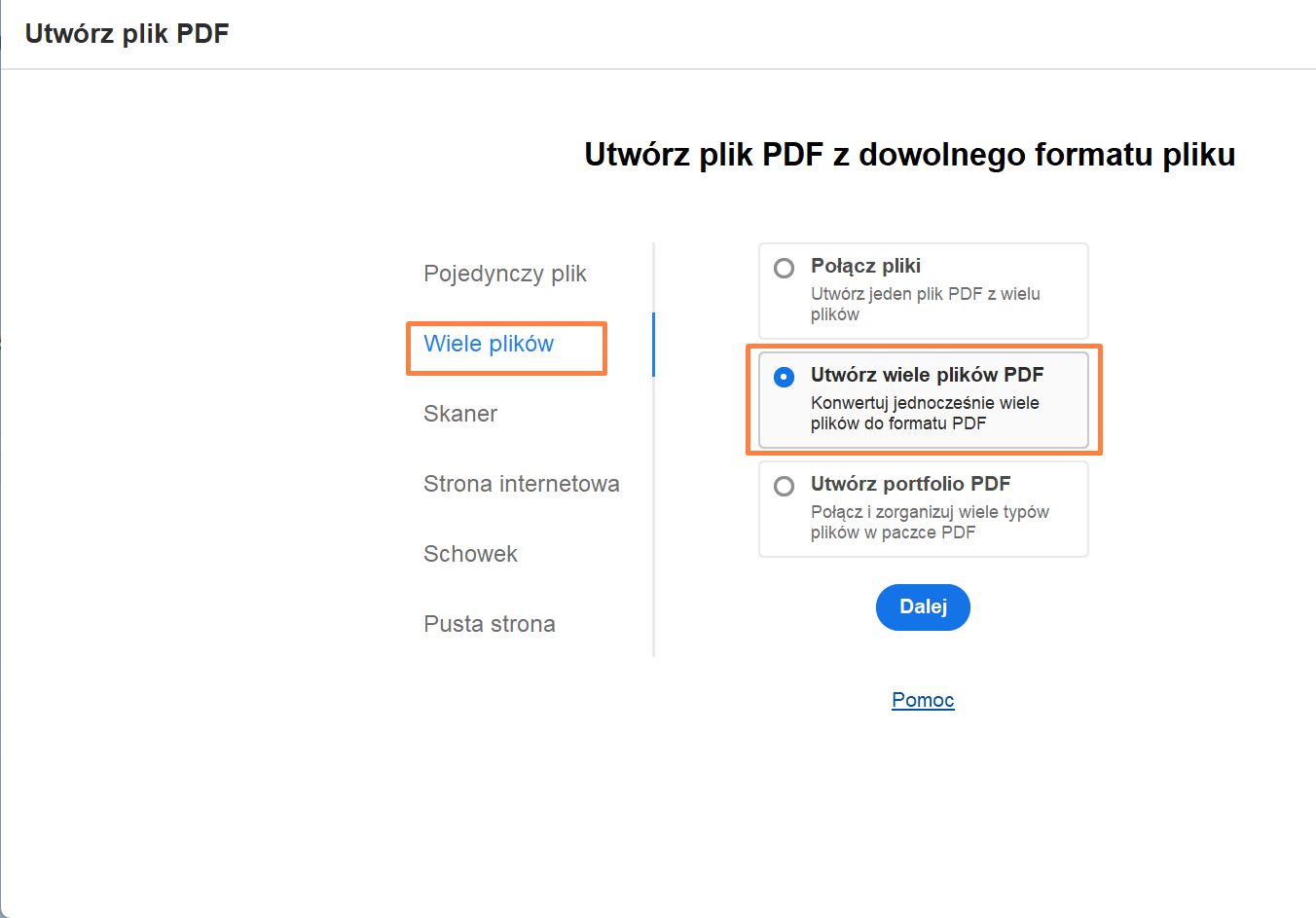 Utwórz wiele plików PDF