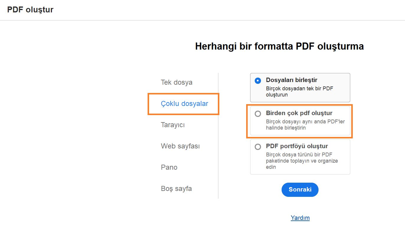 Birden çok PDF oluştur