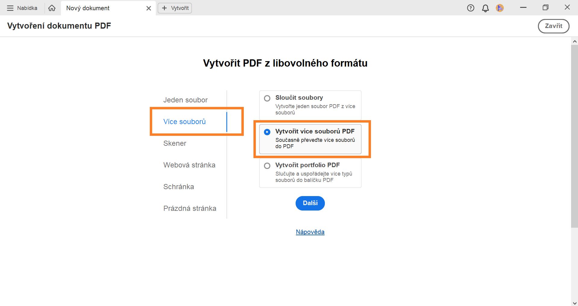 Vytvořit více souborů PDF