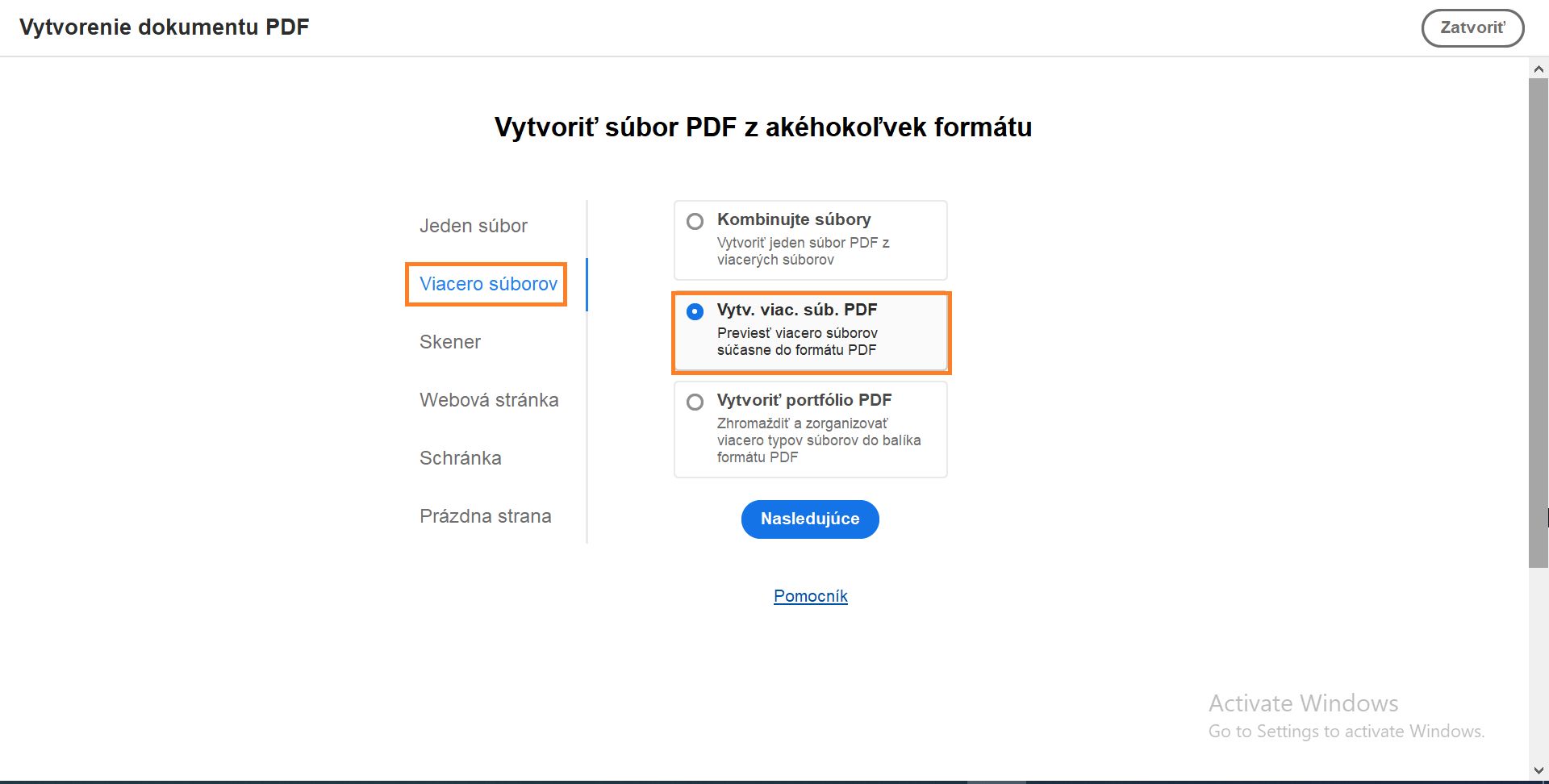 Vytvoriť viacero súborov PDF