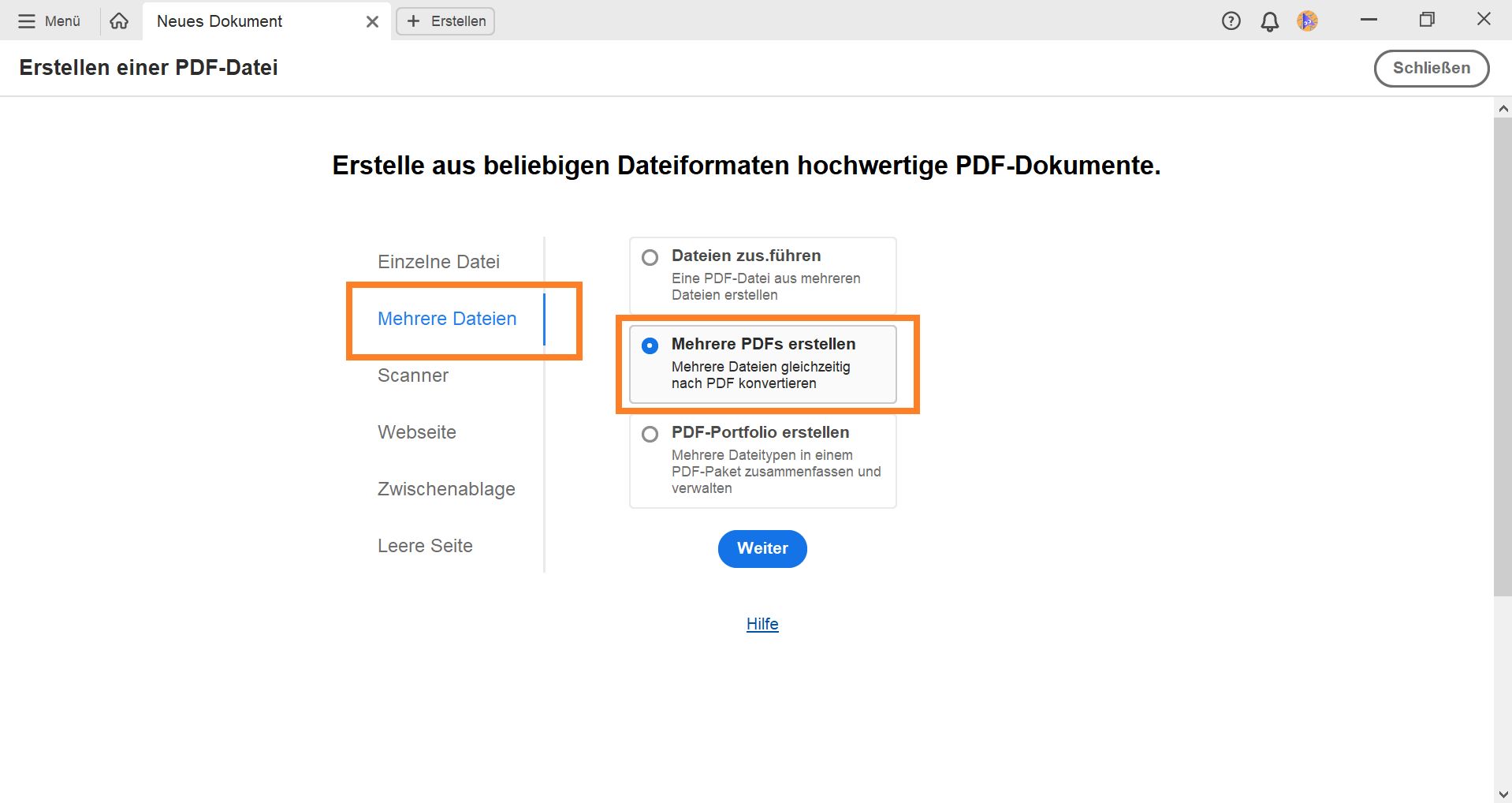 Erstellen mehrerer PDF-Dateien