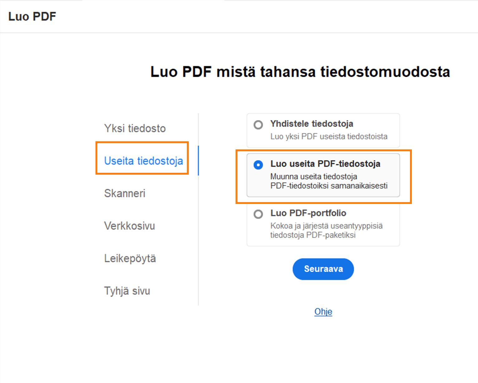 Luo useita PDF-tiedostoja