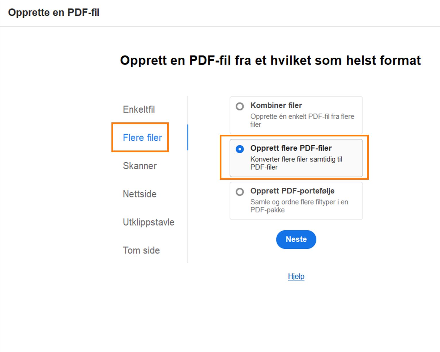 Opprette flere PDF-filer