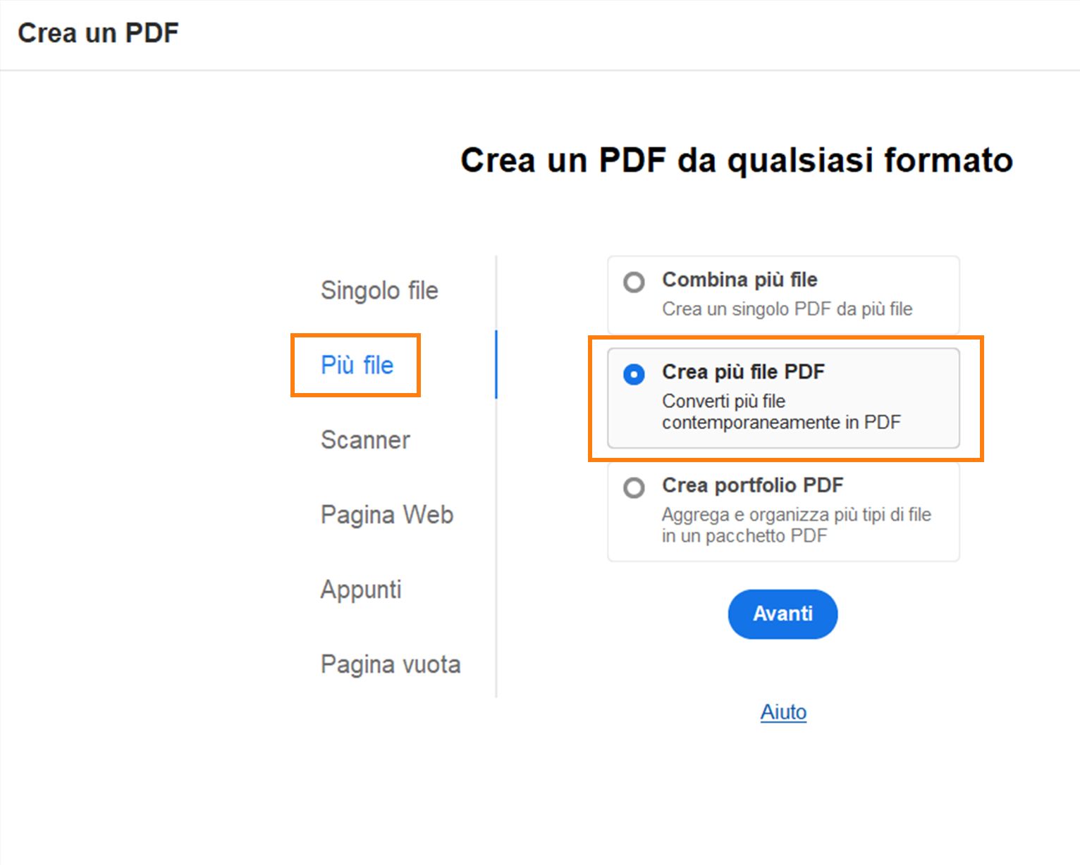 Creare più file PDF