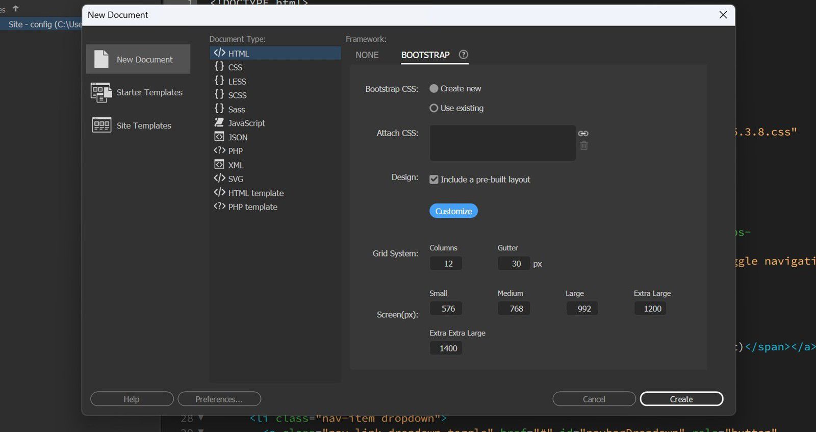 תיבת הדו-שיח New Document ב‑Dreamweaver מציגה אפשרויות Bootstrap עם הגדרות פריסה ולחצני Create, ‏Cancel ו‑Help.
