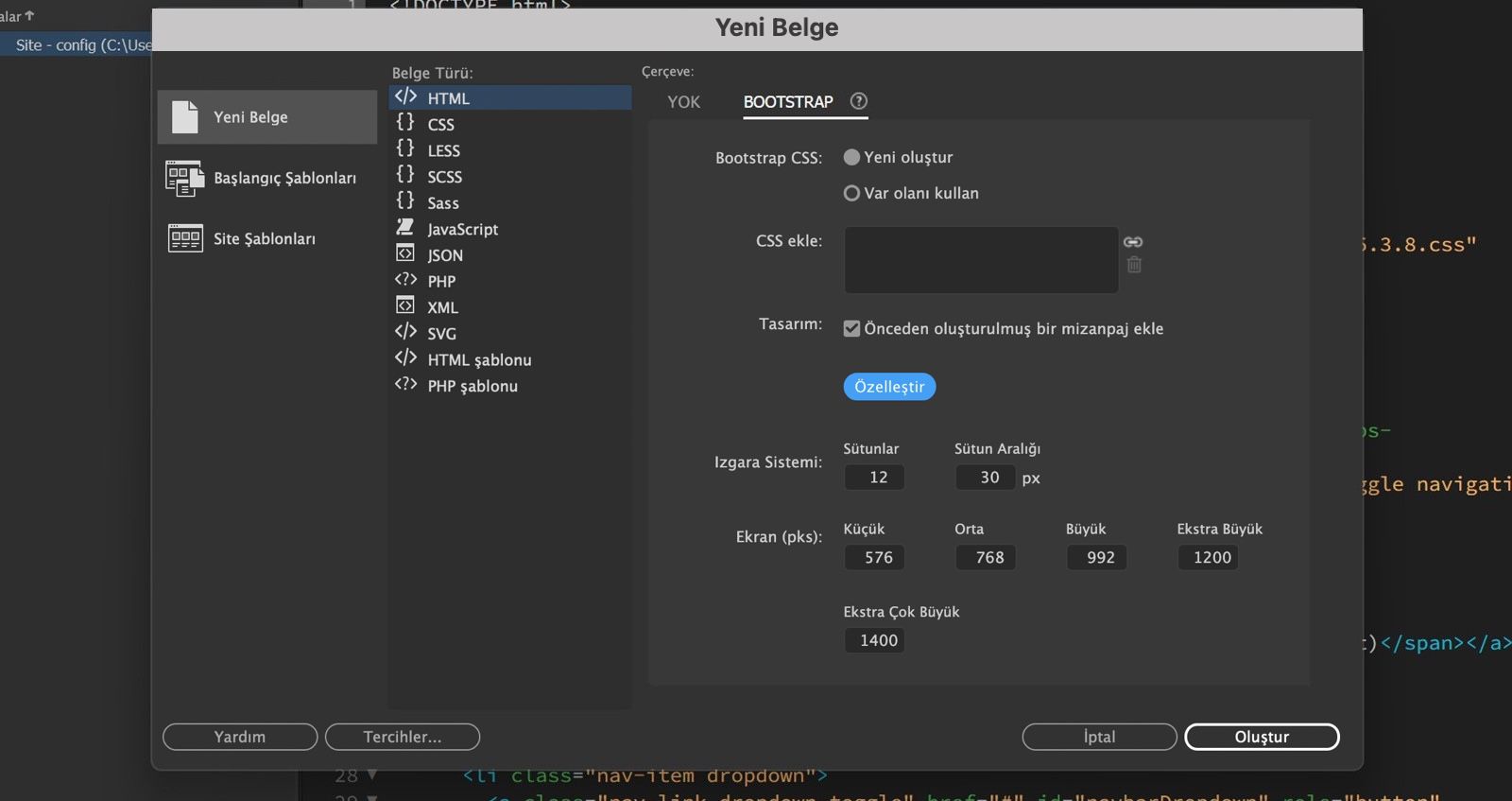 Dreamweaver'daki Yeni Belge iletişim kutusu, düzen ayarlarının olduğu Bootstrap seçeneklerini ve Oluştur, İptal ve Yardım düğmelerini görüntüler.