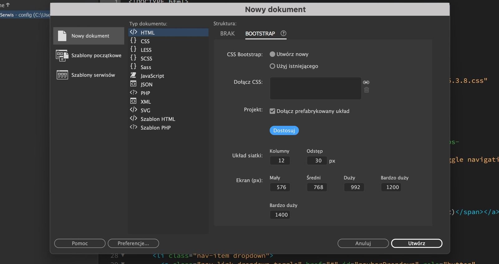 Okno dialogowe Nowy dokument w dreamweaver wyświetla options bootstrap z ustawieniami układu oraz przyciskami utwórz, Anuluj i Pomoc.