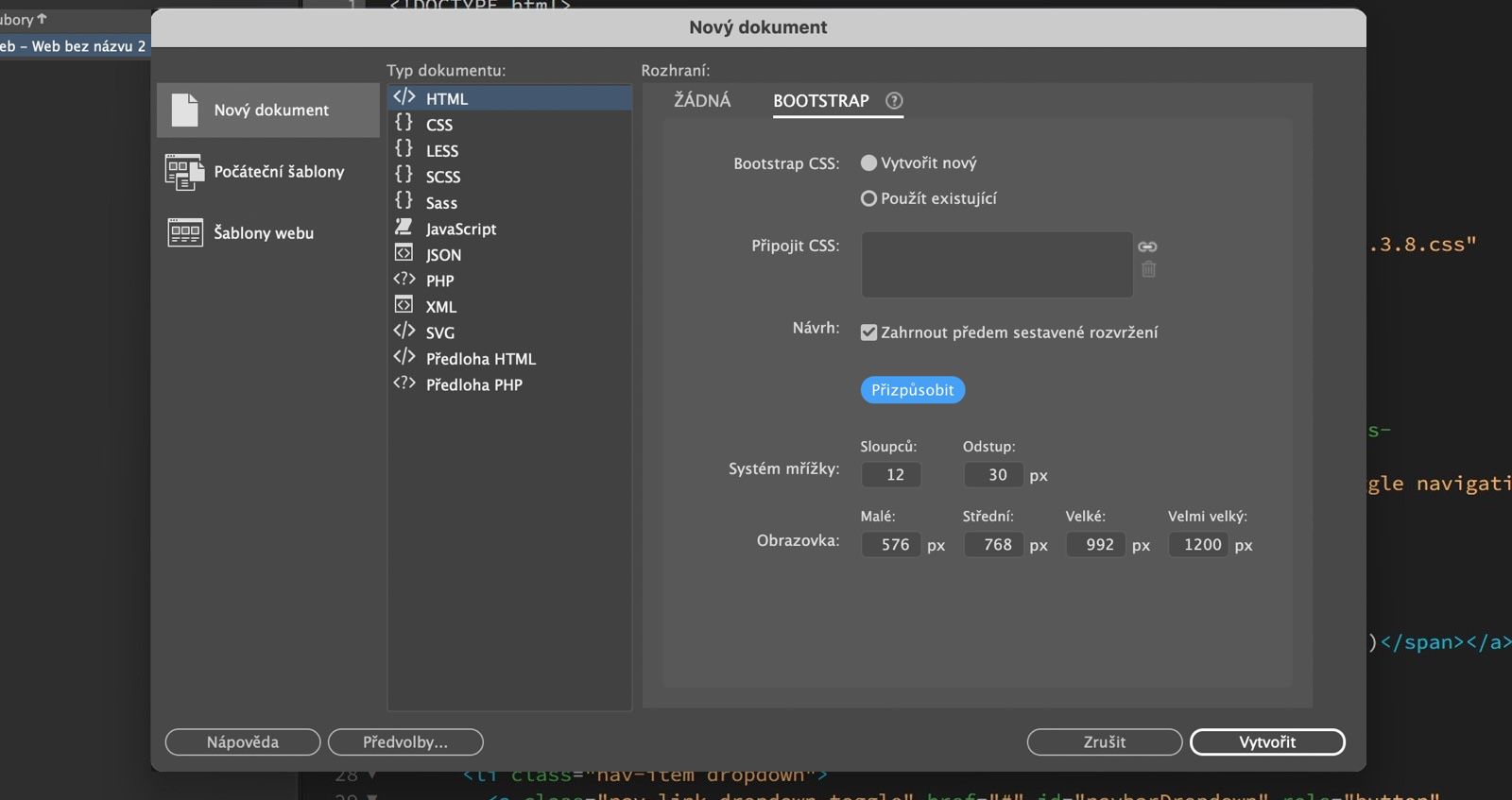 Dialog Nový dokument v dreamweaver zobrazuje možnosti bootstrap s nastavením rozvržení a tlačítky Vytvořit, Zrušit a Nápověda.