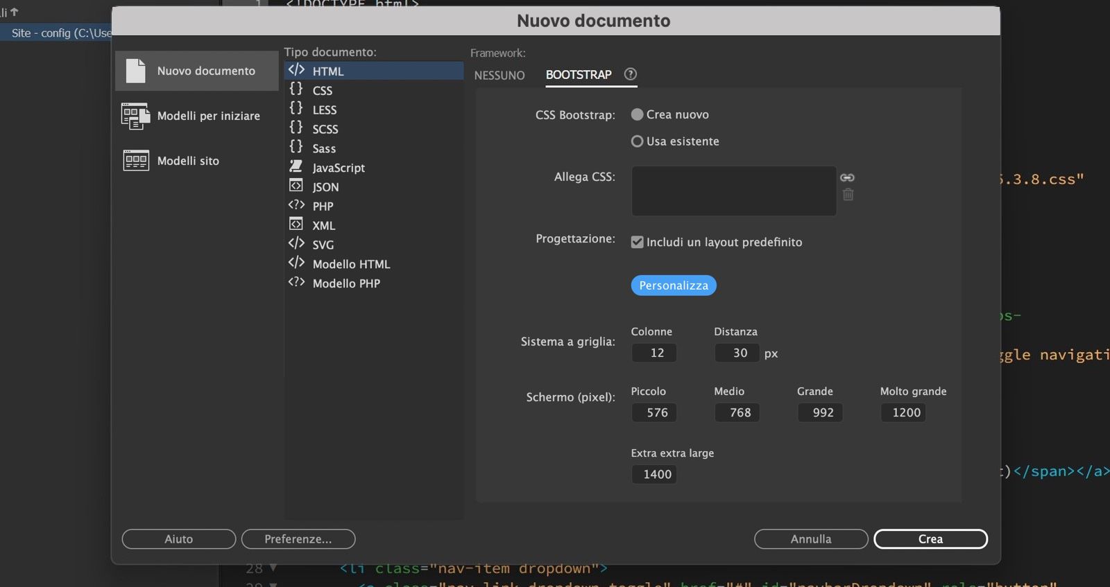 La finestra di dialogo Nuovo documento in Dreamweaver visualizza le options Bootstrap con impostazioni di layout e pulsanti Crea, Annulla e Aiuto.