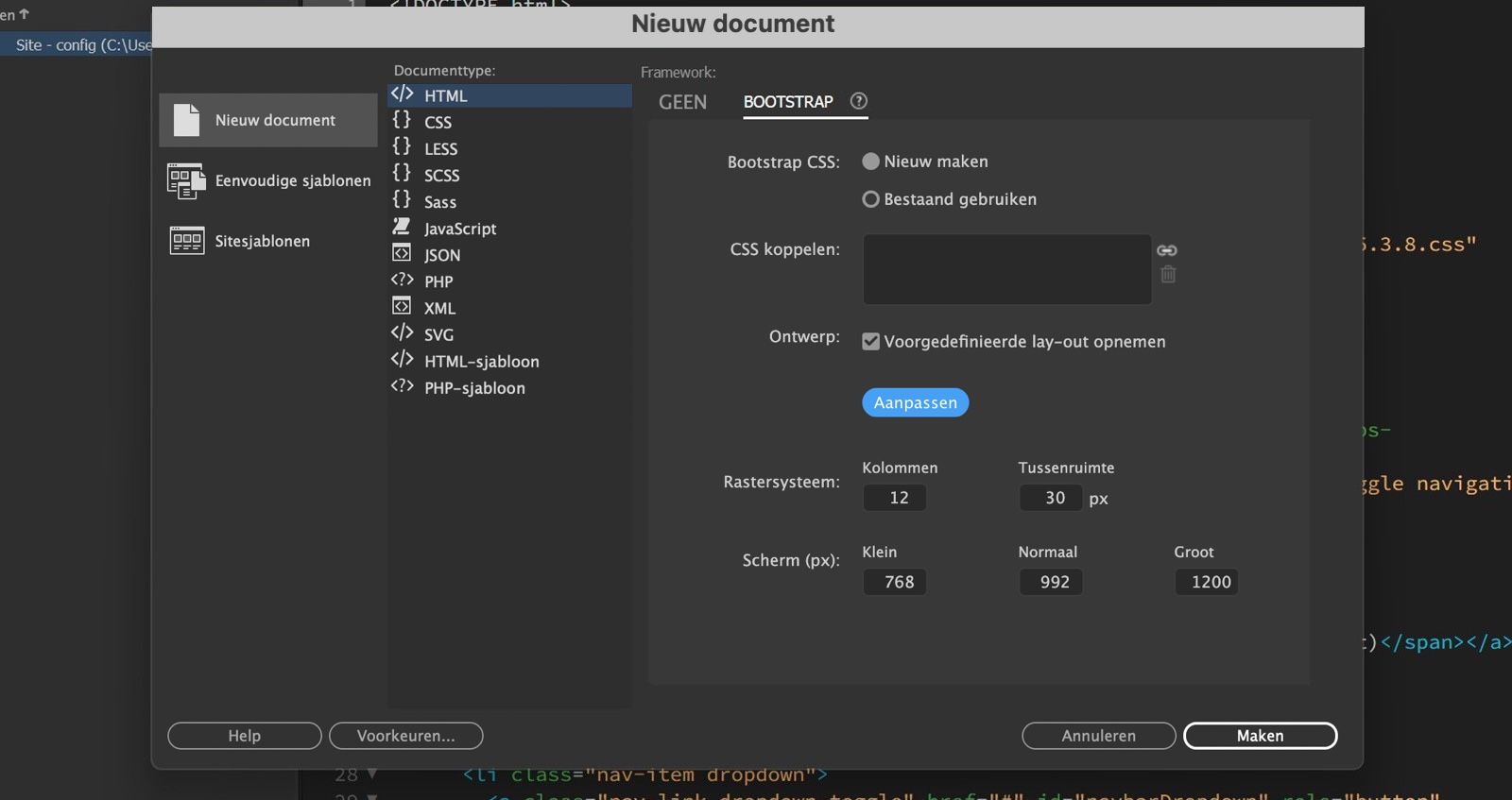 Het dialoogvenster Nieuw document in Dreamweaver toont Bootstrap-opties met lay-outinstellingen en knoppen voor Maken, Annuleren en Help.