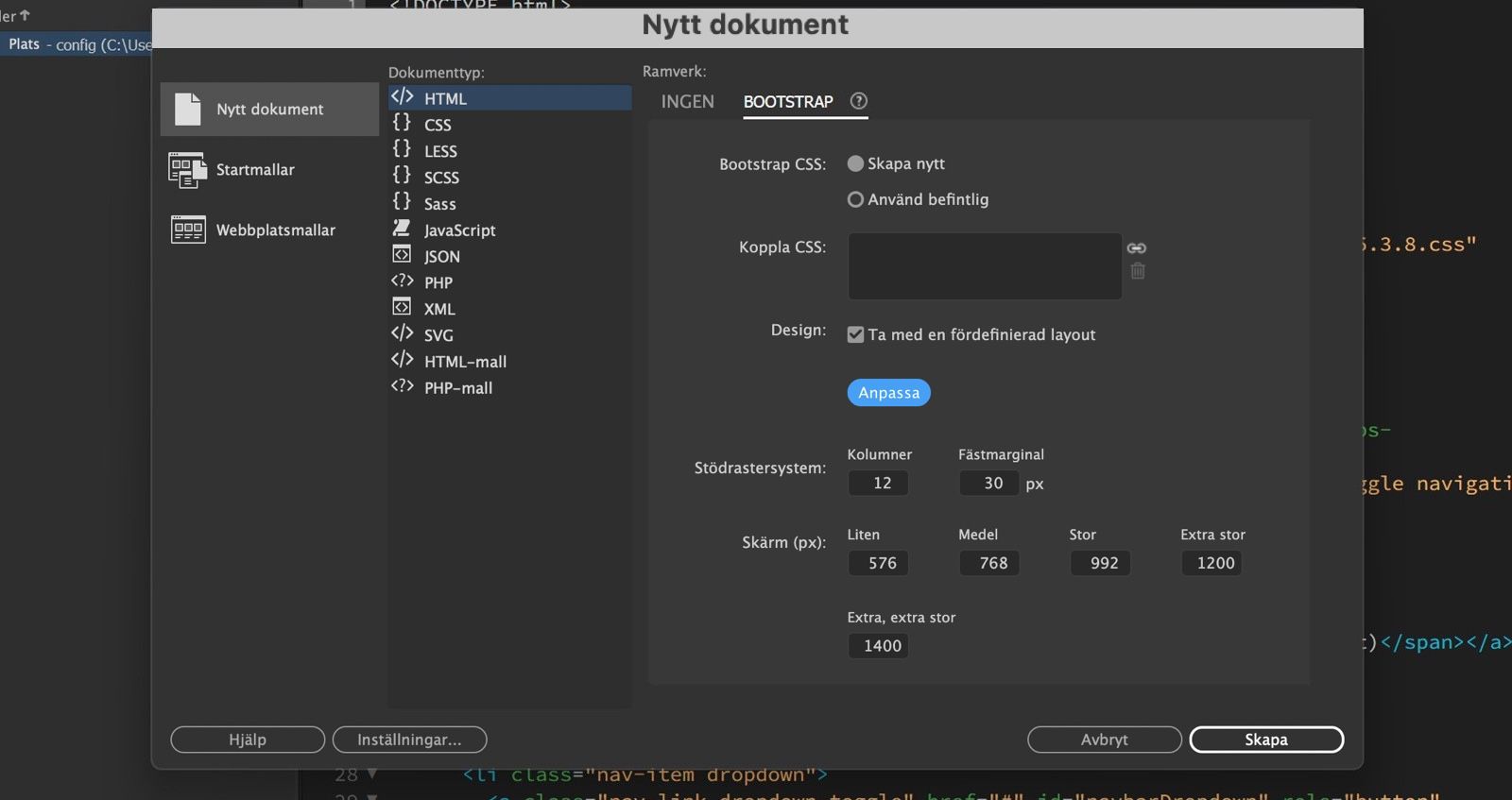 Den nya dokumentdialogrutan i Dreamweaver visar Bootstrap-alternativ med layoutinställningar och knapparna Skapa, Avbryt och Hjälp.