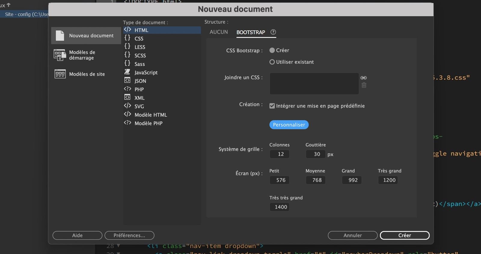 La boîte de dialogue Nouveau document dans Dreamweaver affiche les options Bootstrap avec les paramètres de mise en page et les boutons Créer, Annuler et Aide.