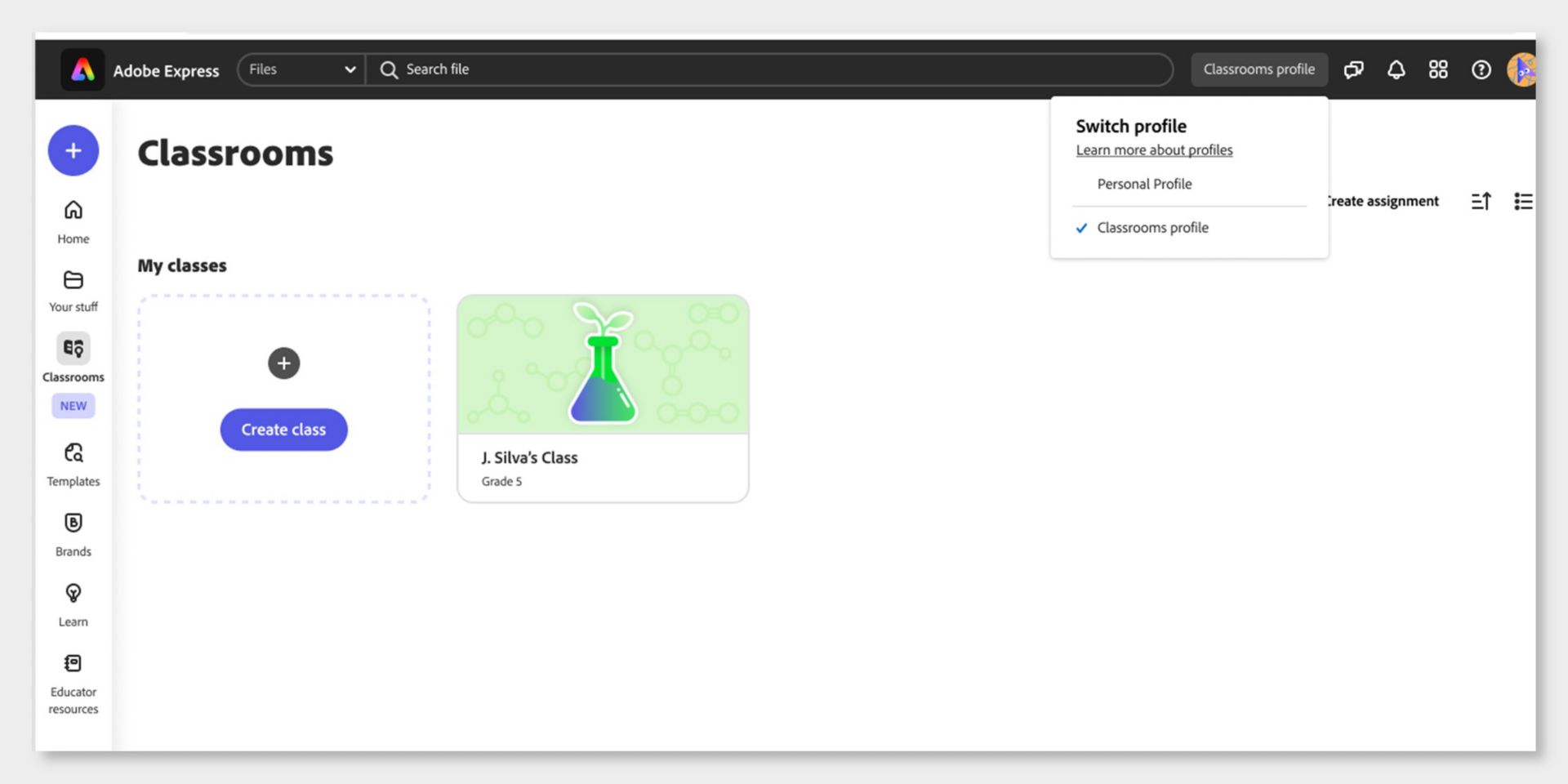 The image shows the Properties panel on the left and the Classrooms section on the right, displaying existing classes and a blue Create class button to add a new class.