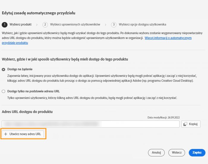 Ekran Edytuj zasadę automatycznego przydziału z podświetlonym przyciskiem Utwórz nowy adres URL