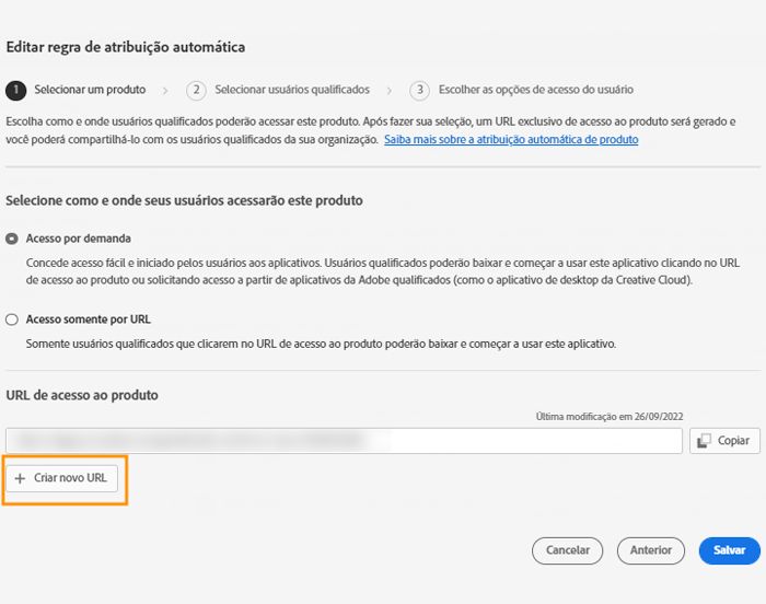 Tela Editar regra de atribuição automática com o botão Criar novo URL realçado