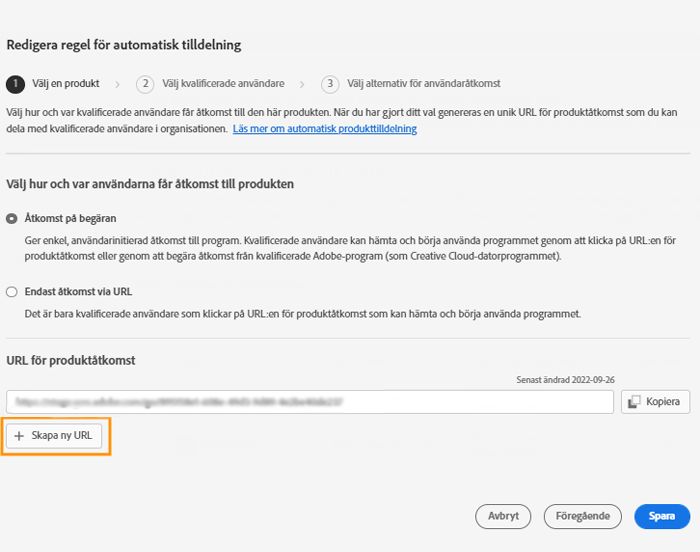 Skärmen Redigera regel för automatisk tilldelning med knappen Skapa ny URL markerad