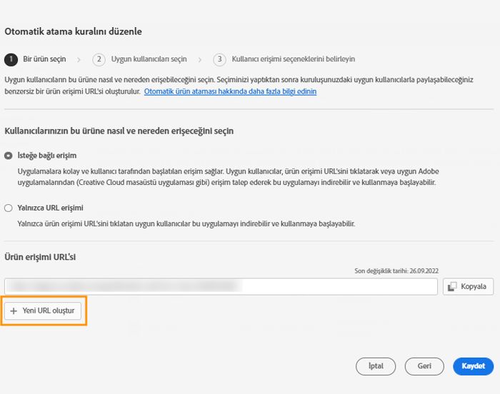 “Yeni URL oluştur” düğmesi vurgulanmış olarak “Otomatik atama kuralını düzenle” ekranı