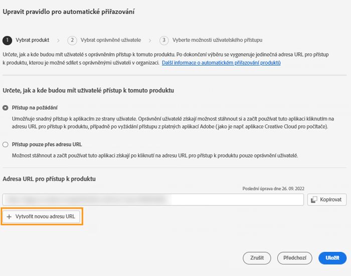 Obrazovka Upravit pravidlo pro automatické přiřazování s označeným tlačítkem Vytvořit novou adresu URL