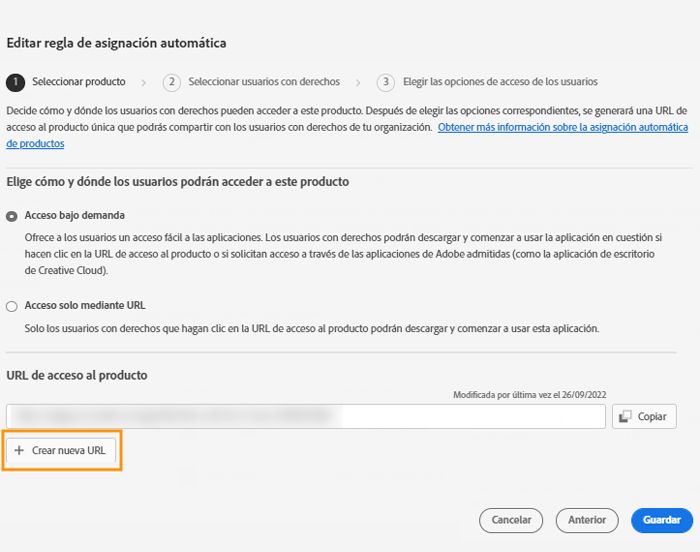 Pantalla para editar reglas de asignación automática con el botón Crear nueva URL resaltado