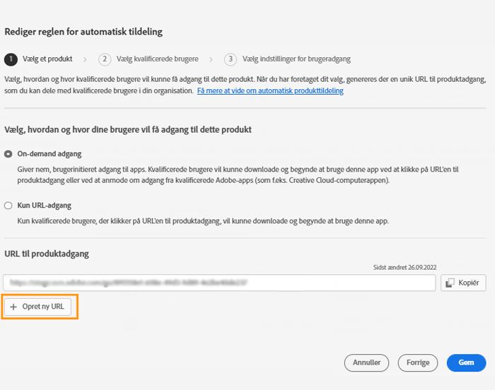 Skærmbilledet Rediger reglen for automatisk tildeling med knappen Opret ny URL fremhævet
