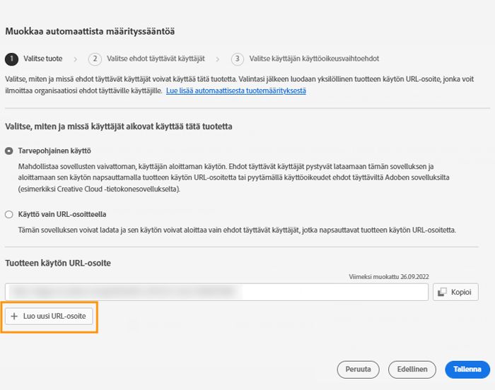 Muokkaa automaattista määrityssääntöä ‑näyttö, jossa Luo uusi URL-osoite ‑painike on korostettuna