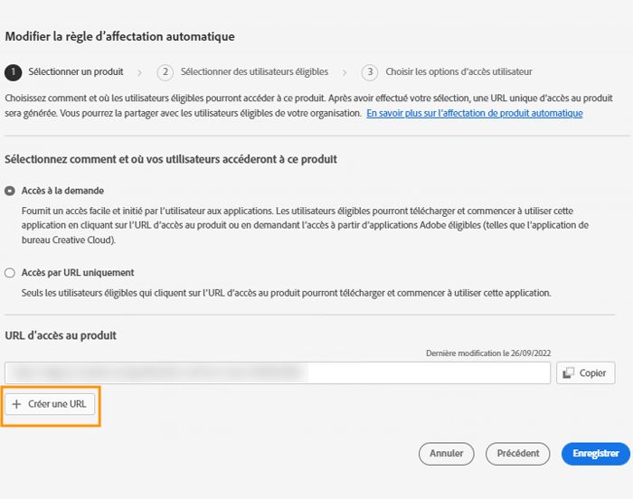 Écran Modifier la règle d’affectation automatique avec le bouton Créer une URL en surbrillance