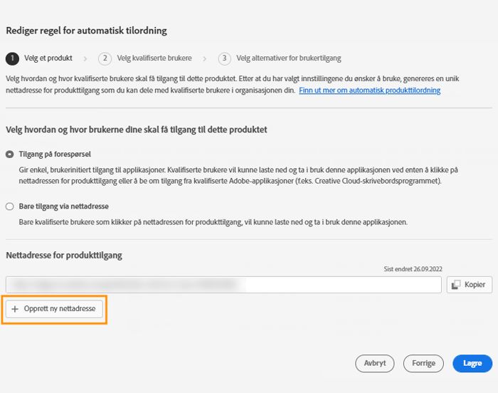 Skjermbildet Rediger regel for automatisk tilordning med knappen Opprett ny nettadresse uthevet