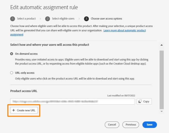 Edit automatic assignment rule screen with the Create new URL button highlighted