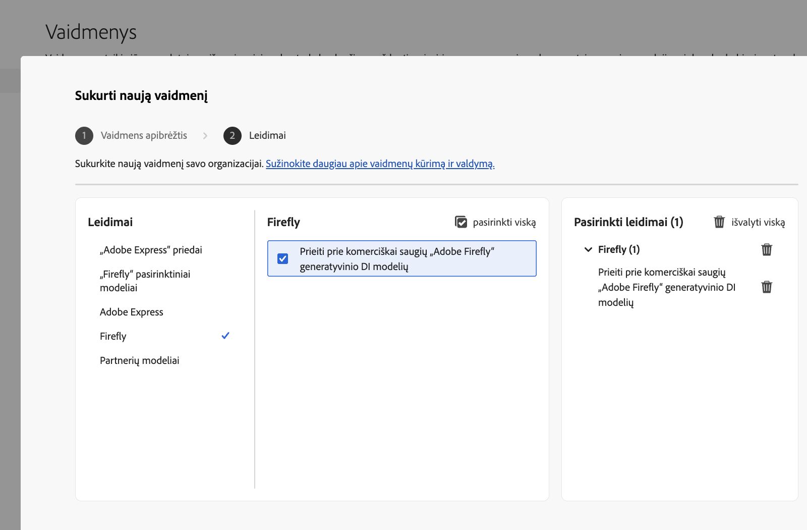 Vaizdas rodo vaidmens kūrimo ekraną „Admin Console“, kuriame matomas leidimų ir galimybių, iš kurių galite pasirinkti, sąrašas