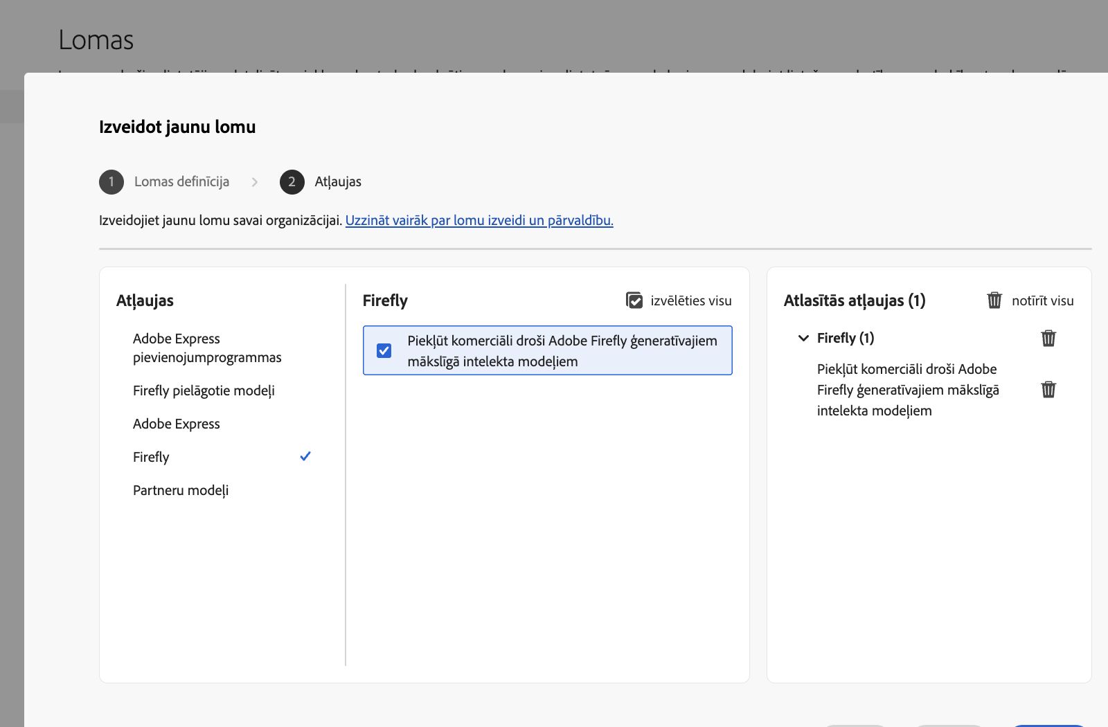Attēlā redzams lomu izveides ekrāns Admin Console, kurā parādīts atļauju un iespēju saraksts, no kura var izvēlēties