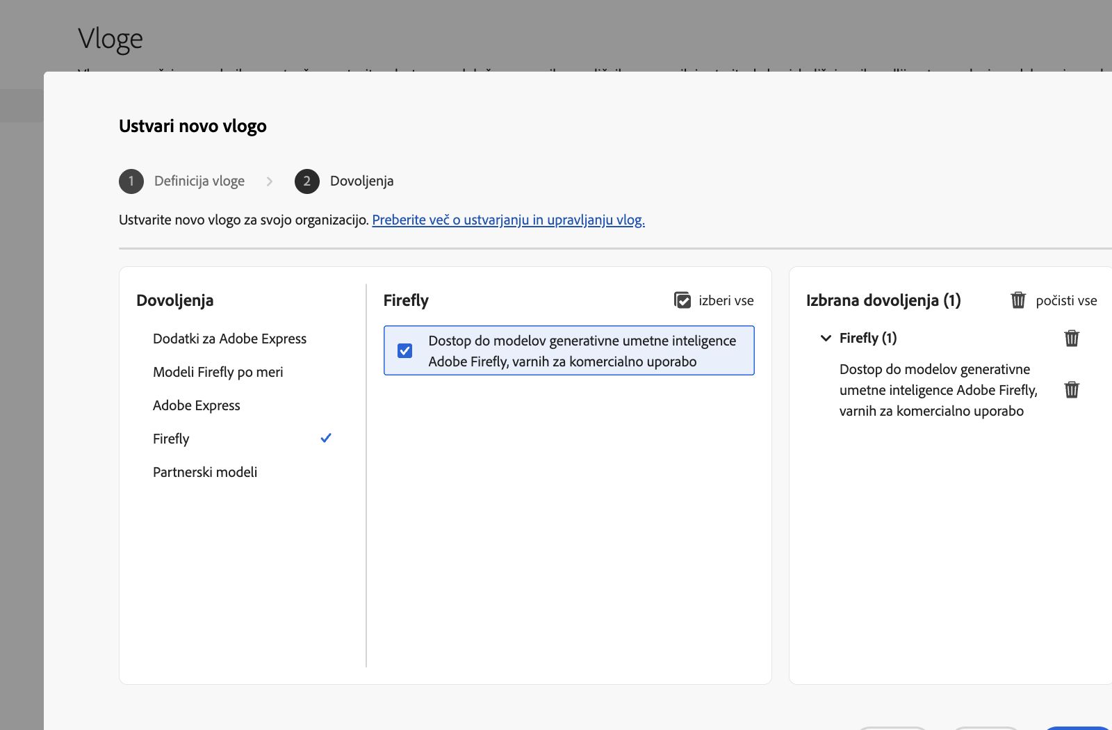 Slika prikazuje zaslon Ustvari vlogo v admin console, ki prikazuje seznam dovoljenj in zmožnosti, med katerimi lahko izbirate