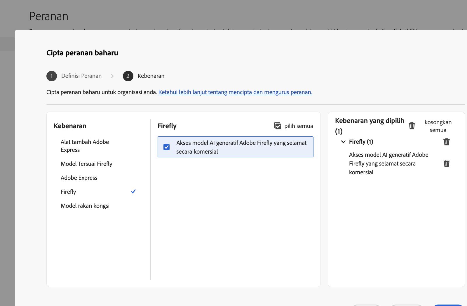 Imej memaparkan skrin Cipta peranan dalam Admin Console, menunjukkan senarai kebenaran dan keupayaan yang boleh anda pilih