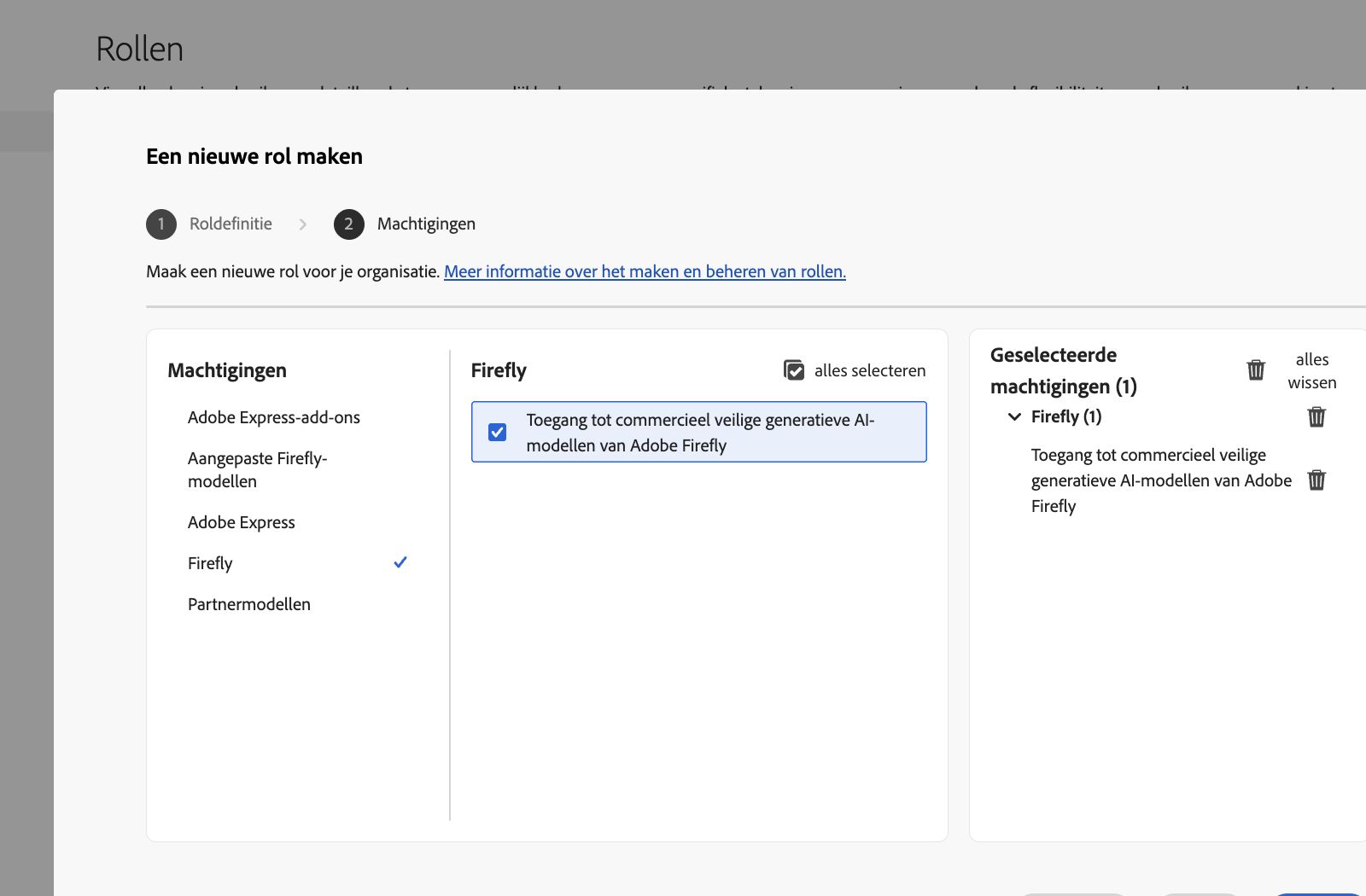 De afbeelding toont het scherm Een rol maken in de Admin Console, met een lijst machtigingen en mogelijkheden waaruit u kunt kiezen