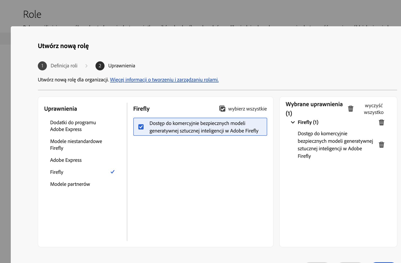 Obraz przedstawia ekran Utwórz rolę w Admin Console z listą uprawnień i możliwości do wyboru