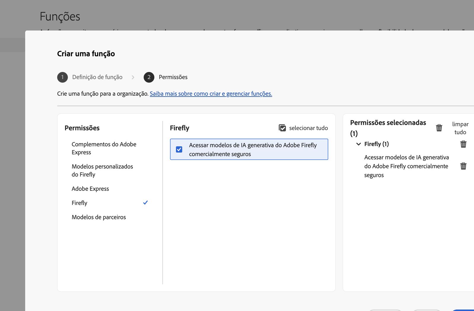 A imagem exibe a tela Criar função no Admin Console, mostrando uma lista de permissões e recursos que você pode selecionar