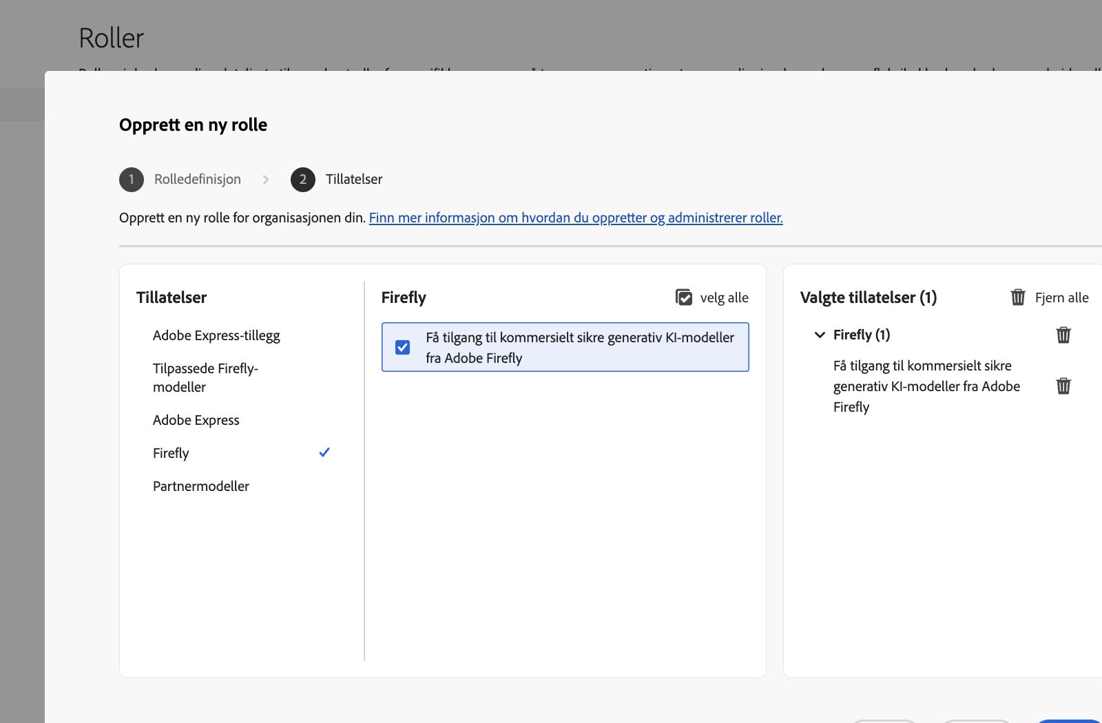 Bildet viser skjermbildet Opprett rolle i Admin Console, som viser en liste over tillatelser og funksjoner du kan velge fra